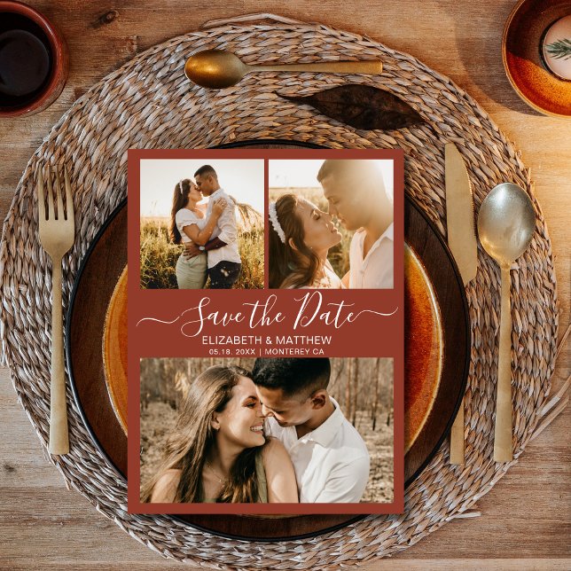 Chic Script Photo Collage Terracotta Save The Date Announcement Postcard (Creator Uploaded)