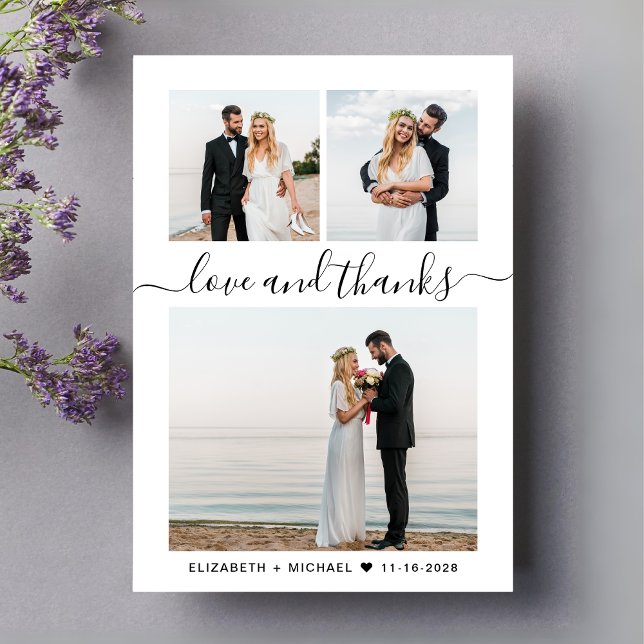 Chic Script Photo Collage Wedding Thank You Card (Celebrate your love story with a thank you card showcasing your favorite wedding day photos)