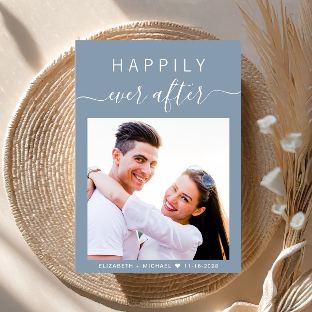 Chic Script Photo Dusty Blue Wedding Invitation (An chic Happily Ever After photo wedding invitation to set the tone for an unforgettable event)