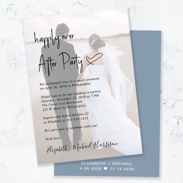 Chic Script Photo Dusty Blue Wedding Reception Invitation (Creator Uploaded)