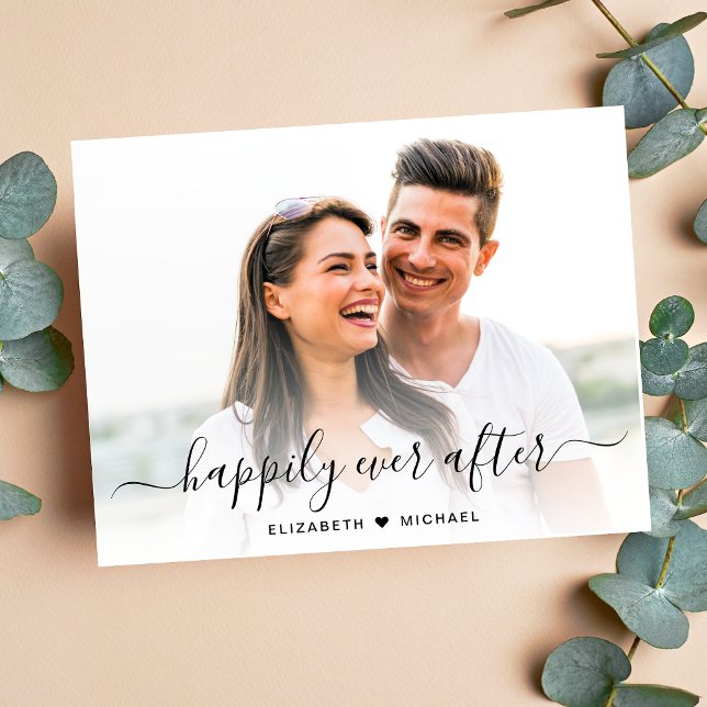 Chic Script Photo Engagement Announcement Postcard (A chic happily ever after photo engagement announcement)