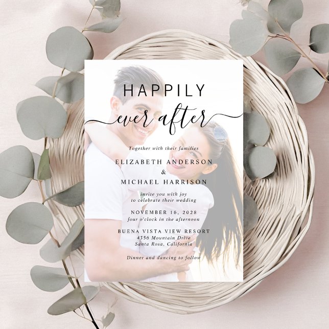Chic Script Photo Overlay QR Code Cream Wedding Invitation (A chic Happily Ever After Photo Wedding Invitation)
