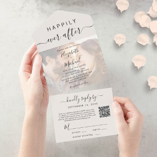 Chic Script Photo QR Code Cream Wedding All In One Invitation
