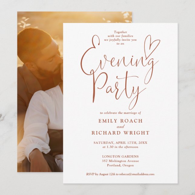 Chic Script Photo Terracotta Wedding Evening Party Invitation (Front/Back)