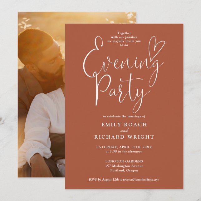 Chic Script Photo Terracotta Wedding Evening Party Invitation (Front/Back)