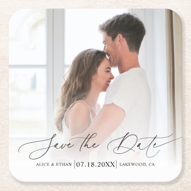 Chic Script Photo Wedding Save The Date Square Paper Coaster (Front)