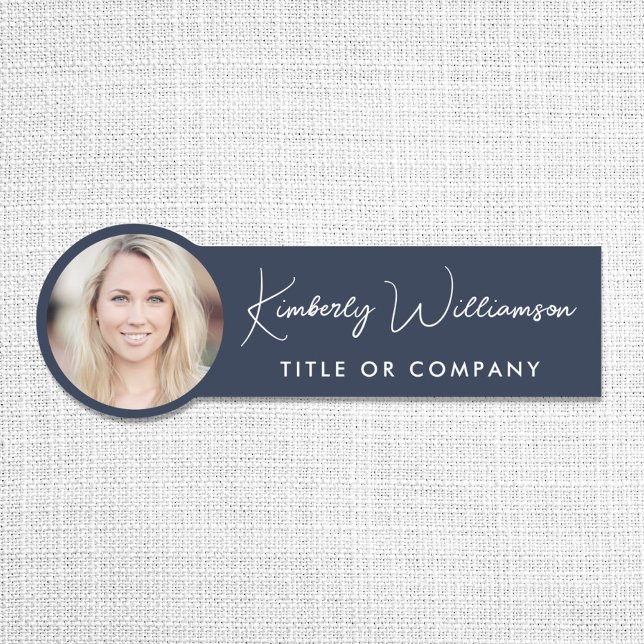 Chic Script Professional Blue Photo Name Tag (Creator Uploaded)