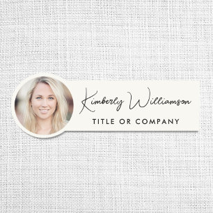 Chic Script Professional Cream Photo Name Tag