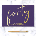 Chic Script Purple 40th Birthday Party Guest Book<br><div class="desc">Chic purple guestbook for her 40th birthday party featuring real gold foil,  "forty" in a large stylish script and her name in simple lettering. Personalize the title on the spine and change the foil colour to silver or rose gold if desired.</div>