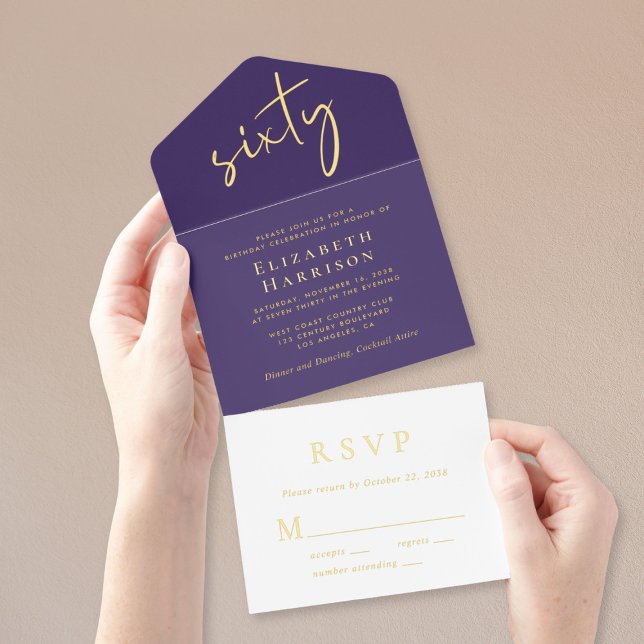 Chic Script Purple 60th Birthday Party All In One Invitation (Creator Uploaded)