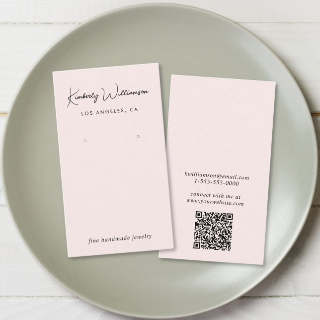 Chic Script QR Code Pink Earring Display Card (Empower your name in our signature script as your logo and brand identity)