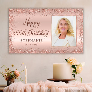 Chic Script Rose Gold Glitter Photo 60th Birthday Banner