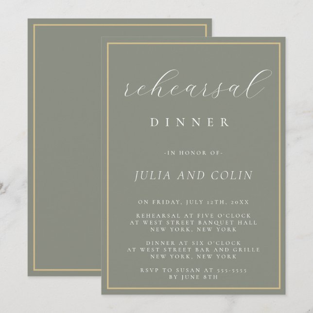Chic Script Sage Green Rehearsal Dinner Invitation (Front/Back)