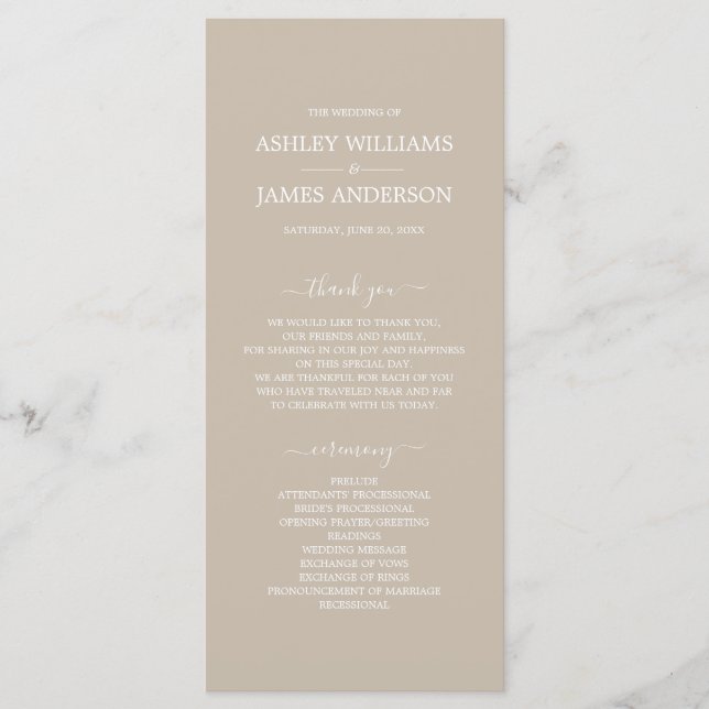 Chic Script Shiitake Grey Simple Minimal Wedding Program (Front)