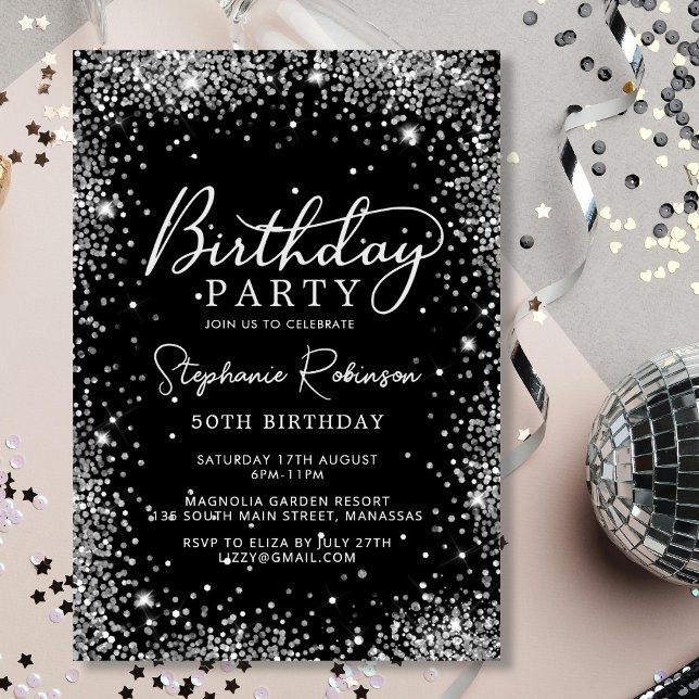 Chic Script Silver Glitter Black 50th Birthday  Invitation (Creator Uploaded)