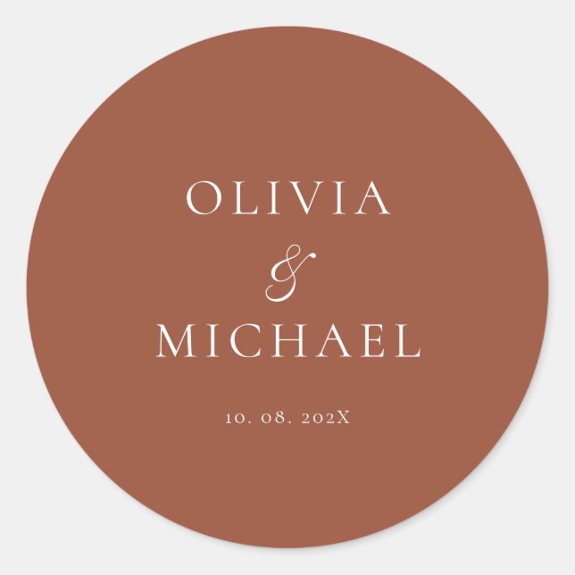 Chic Script Terracotta Minimalist Wedding Classic Round Sticker (Front)