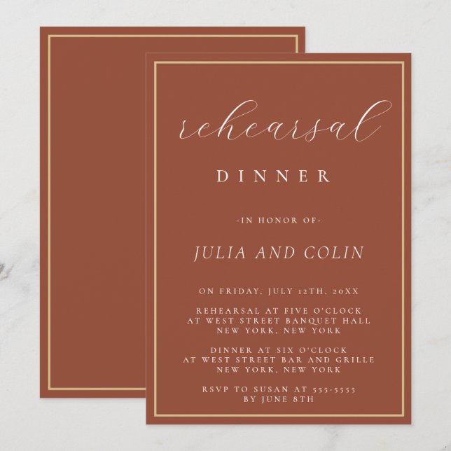 Chic Script Terracotta Rehearsal Dinner Invitation (Front/Back)