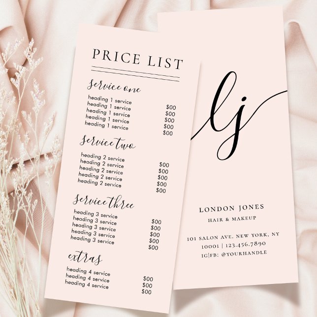 Chic Script Typography Services Blush Price List Rack Card (Creator Uploaded)