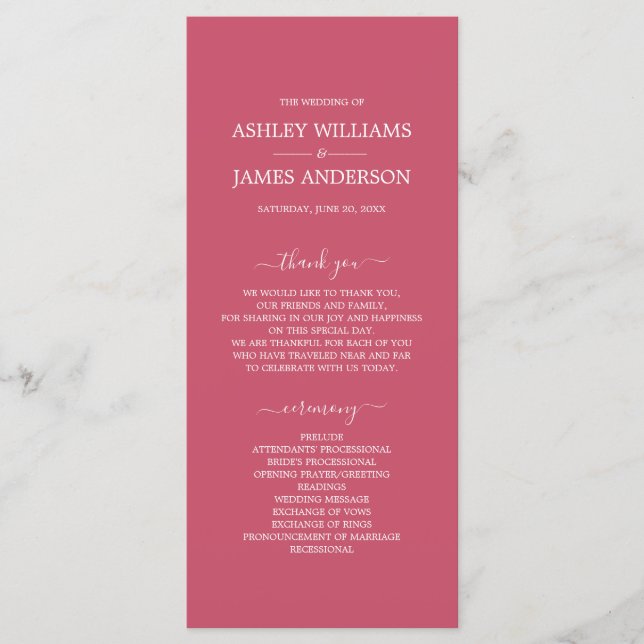 Chic Script Warm Pink Simple Minimal Wedding Program (Front)