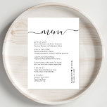 Chic Script Wedding Reception Menu<br><div class="desc">Chic wedding reception dinner menu with "menu" in a stylish calligraphy script with swashes,  your customized menu in simple modern typography,  your first names joined by a heart and your reception date.</div>