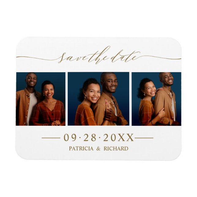 Chic Script Wedding Save The Date 3 Photo Collage Magnet (Horizontal)