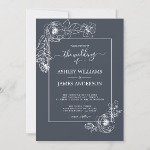 Chic Script White Floral Outline Dark Blue Wedding Invitation