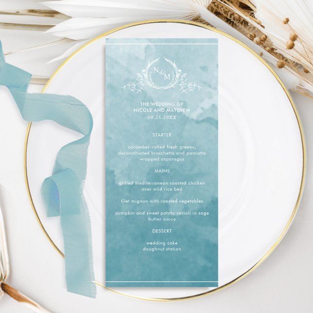Chic Sea Glass Watercolor, Monogram Wedding Menu (Creator Uploaded)