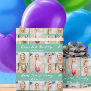 Chic Seafoam Green Happy Birthday Photo Collage Wrapping Paper