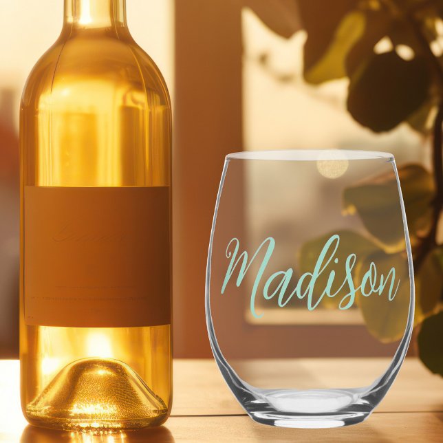 Chic Seafoam Personalized Name Stemless Wine Glass (Creator Uploaded)