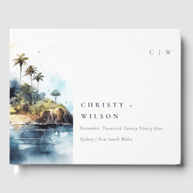 Chic Seascape Palm Tree Island Watercolor Wedding Guest Book (Front)