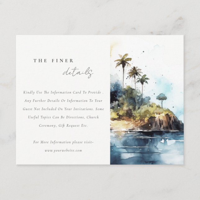 Chic Seascape Palm Tree Island Wedding Details Enclosure Card (Front)