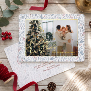 Chic Seasonal Greetings On Holly Berries Gold Foil Holiday Card