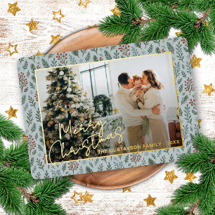 Chic Seasonal Greetings On Holly Berries Gold Foil Holiday Card