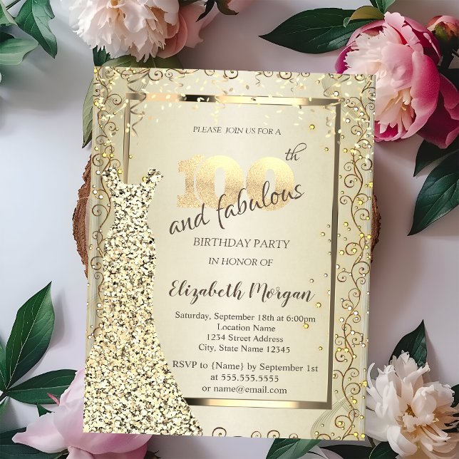 Chic Sequins Dress Gold 100th Birthday Invitation (Creator Uploaded)