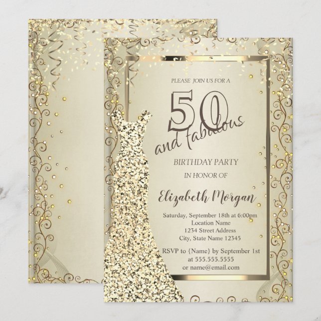 Chic Sequins Dress Gold 50th Birthday Invitation (Front/Back)