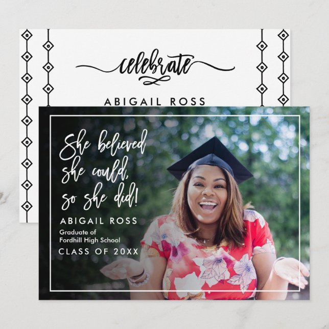 Chic She believed Script Quote Graduation Invitation (Front/Back)