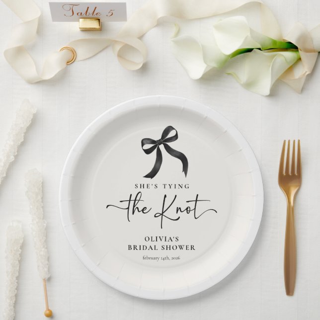 Chic She's Tying the Knot Black Bow Bridal Shower Paper Plate (Wedding)