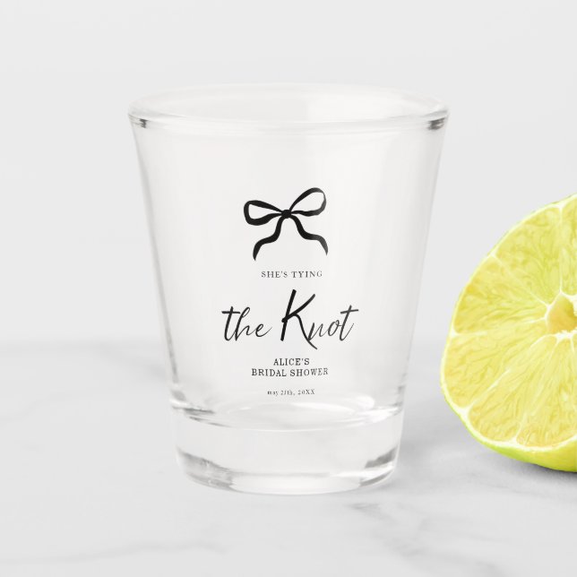 Chic She's Tying the Knot Black Bow Bridal Shower  Shot Glass (Front)
