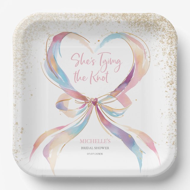 Chic She's Tying The Knot Pink Bow Bridal Shower  Paper Plate (Front)