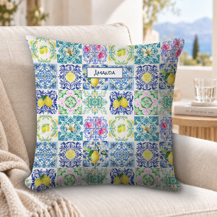 Chic Sicilian azulejo Amalfi Mediterranean tiles Throw Pillow