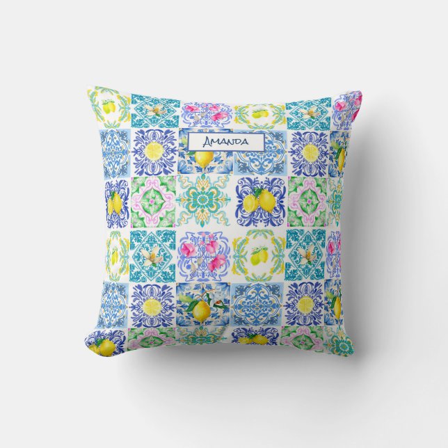 Chic Sicilian azulejo Amalfi Mediterranean tiles Throw Pillow (Front)