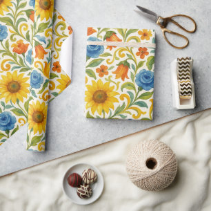 Chic Sicilian Colorful Leaves Floral Art Pattern Wrapping Paper