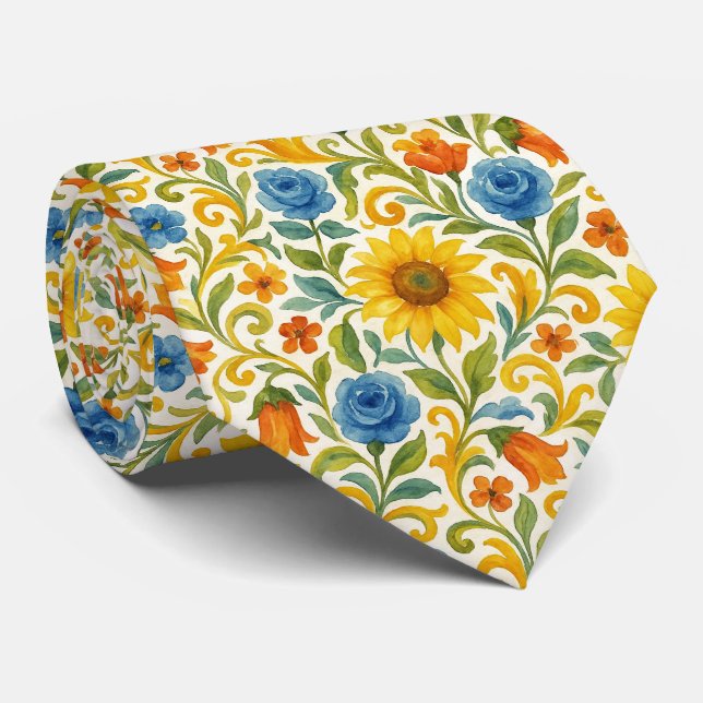 Chic Sicilian Colourful Leaves Floral Art Pattern Tie (Rolled)