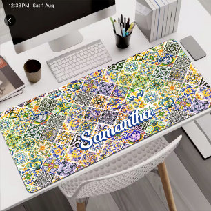 Chic Sicilian Mediterranean Green Tile Pattern Desk Mat