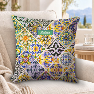 Chic Sicilian Mediterranean green tiles Throw Pillow