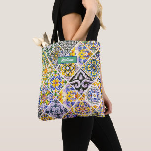 Chic Sicilian Mediterranean green tiles Tote Bag