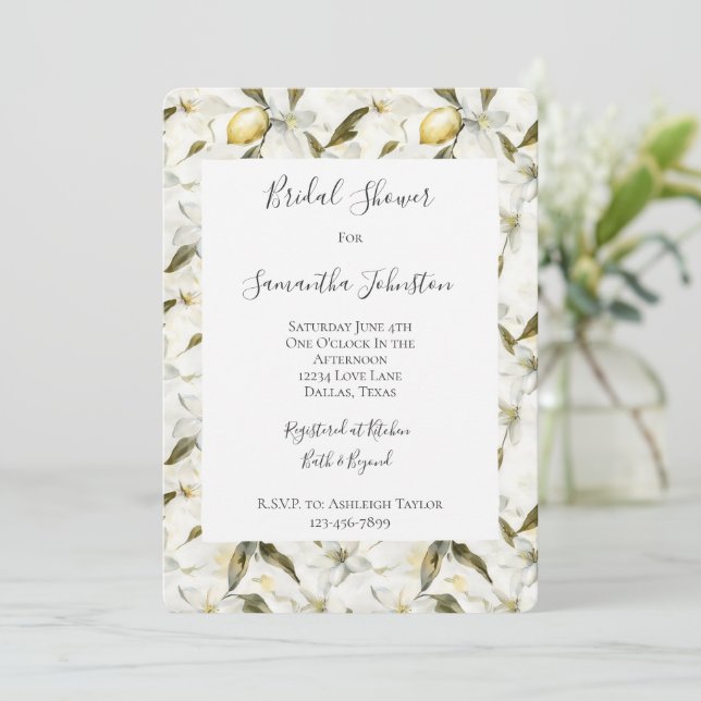 Chic Sicilian Summer Lemons Floral Bridal Shower Invitation (Standing Front)