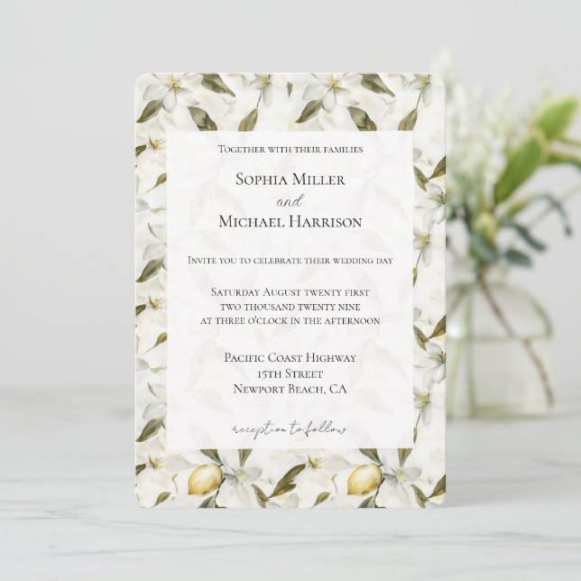 Chic Sicilian Summer Lemons Floral Wedding Invitation (Standing Front)