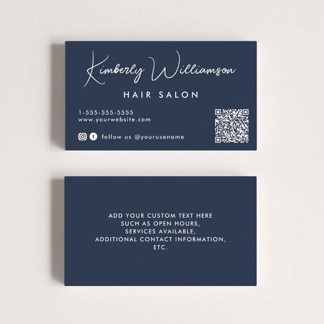 Chic Signature Script QR Code Blue Business Card (Empower your name in our signature script as your logo and brand identity)