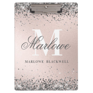 Chic Silver and Blush Pink Monogram Glitter Clipboard
